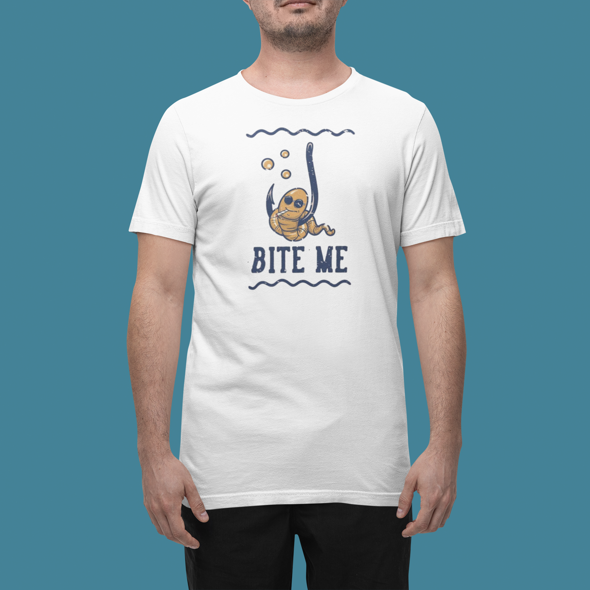 'Bite Me' t-shirt in white, man wearing it in a studio, T-Shirt mockup, Geekpsters