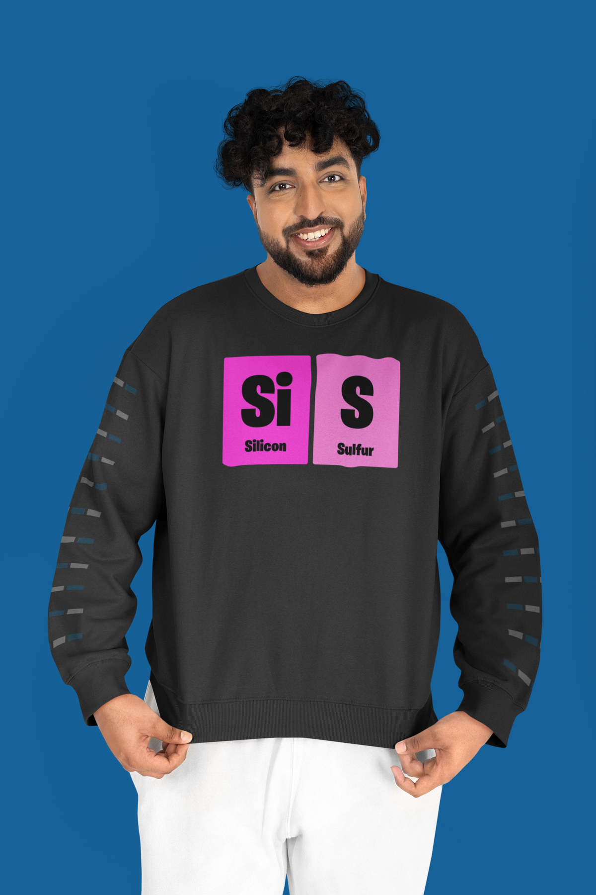'Sis' periodic table sweatshirt in charcoal, man wearing it on a blue background, funny science gift