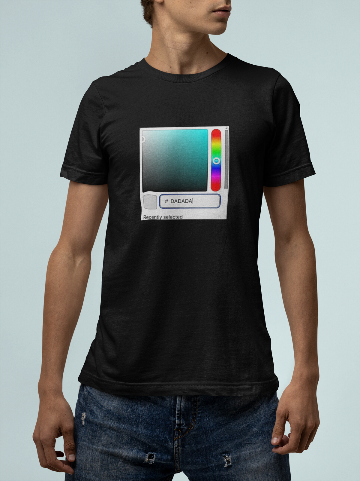 'DADA Paint T-Shirt' in black, man against a light backdrop, T-Shirt mockup, Geekpsters