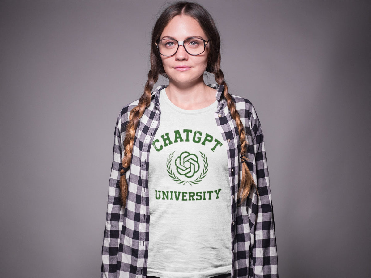 Chat GPT University Womens Tee lifestyle mockup, Geekpsters