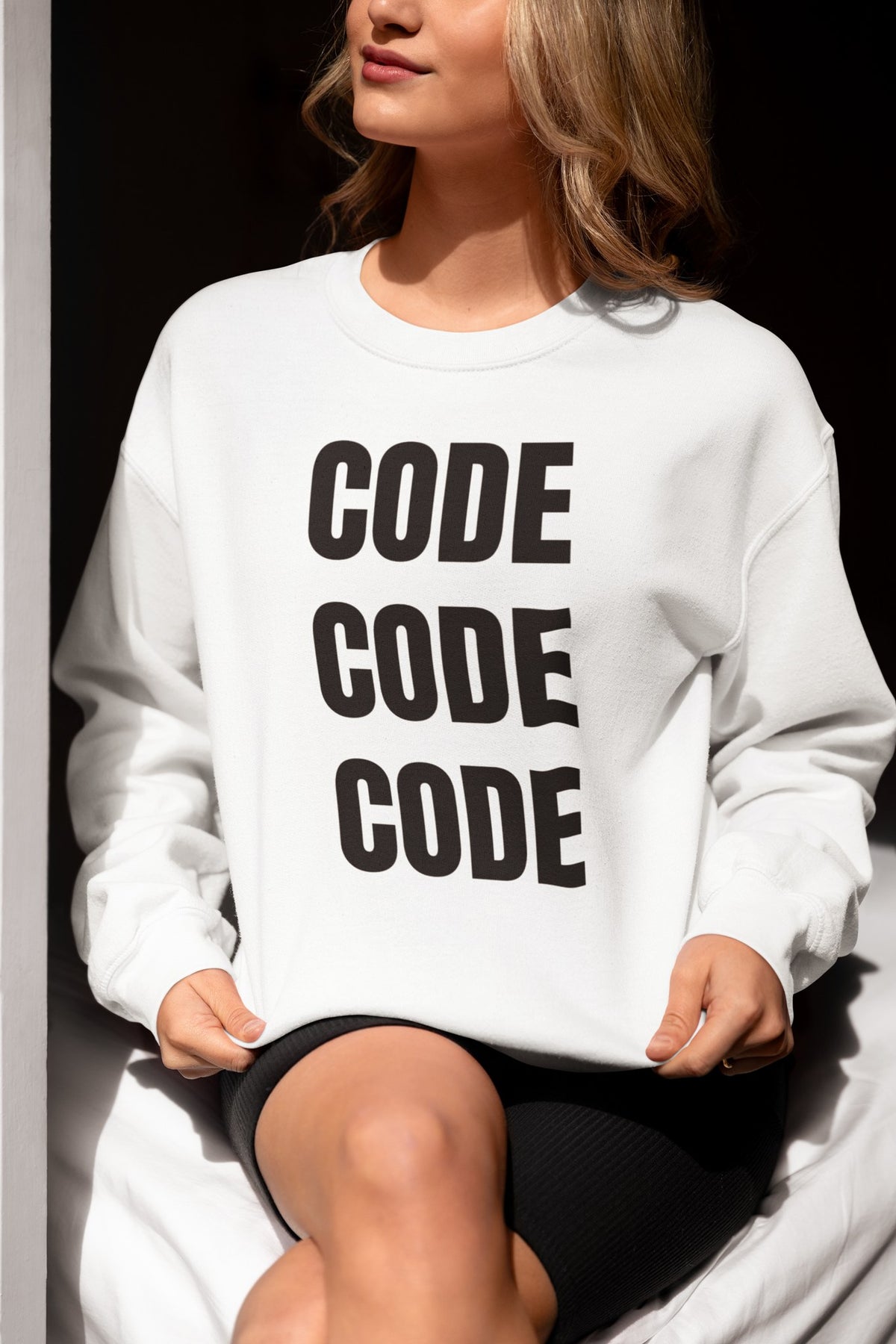 Code Code Code Sweatshirt lifestyle mockup, Geekpsters