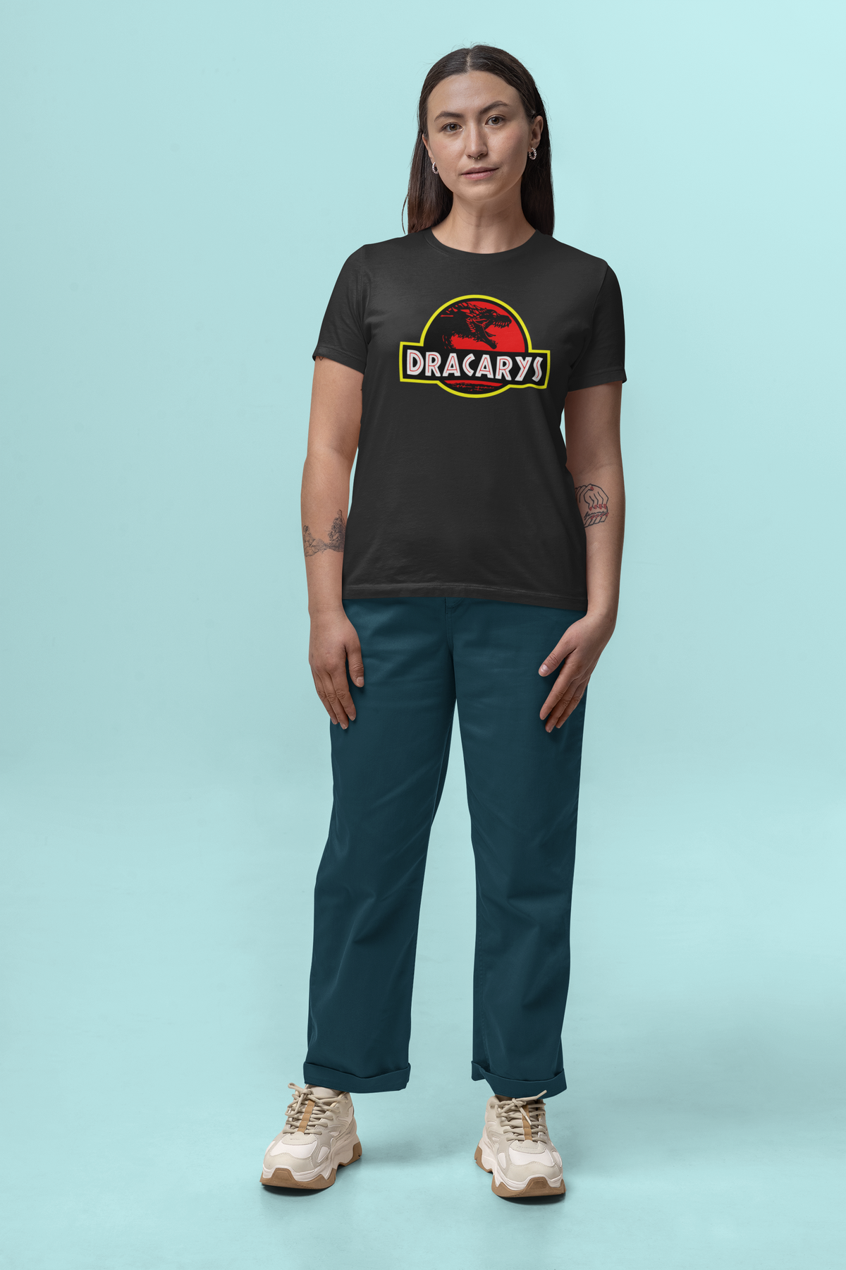 Model wearing Dracarys t-shirt front view | Geekpsters