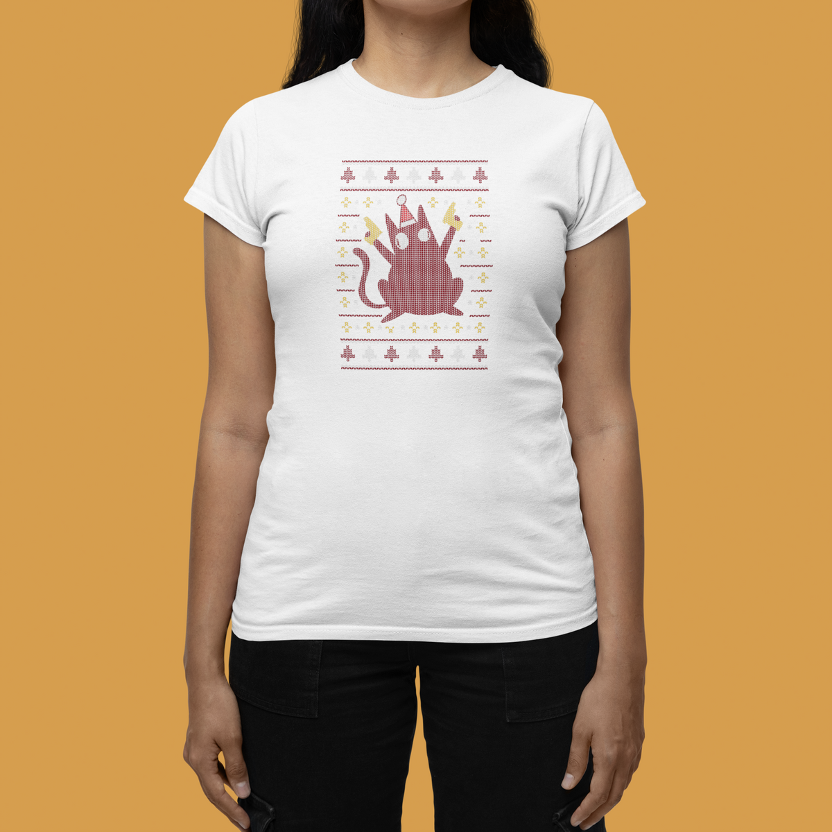 ugly Christmas sweater cat graphic women's relaxed-fit tee, model wearing it in a studio shot