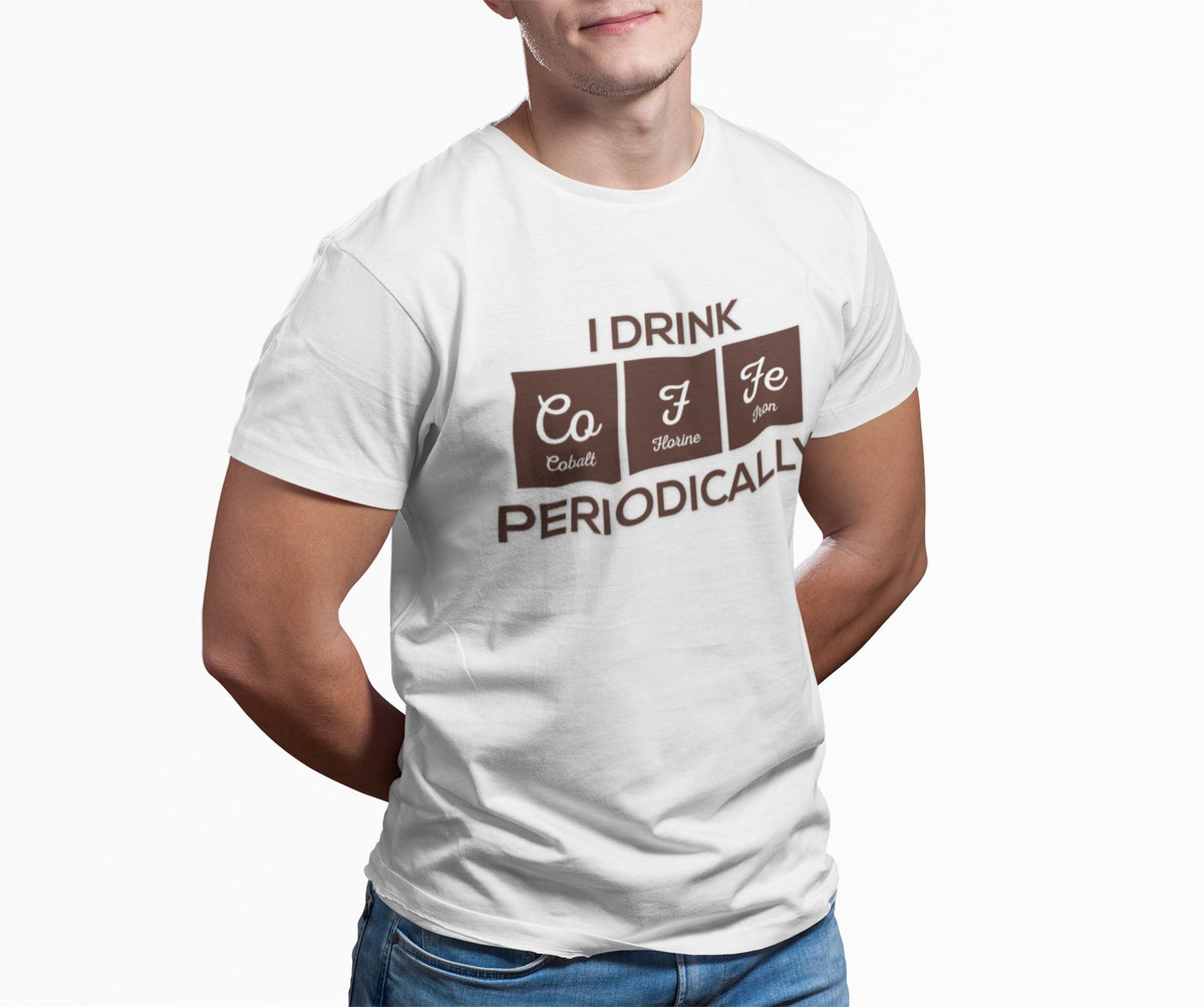 Co-F-Fe periodic table coffee element pun graphic tee, flat lay with the graphic centered