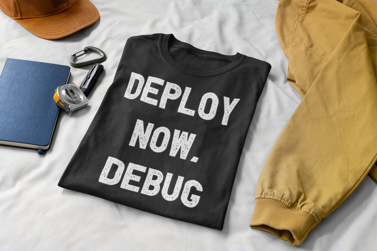 Deploy Now Debug Later T-Shirt lifestyle mockup, Geekpsters
