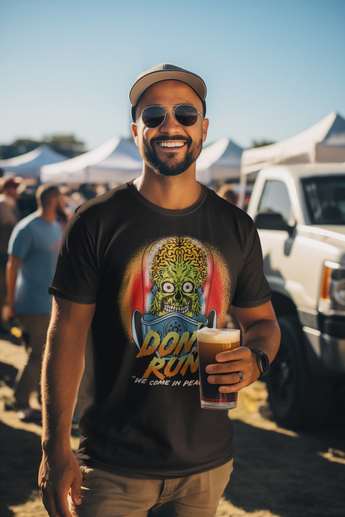 Don't Run alien tee in black, bearded man in a cap at an outdoor market, sci-fi fan gift