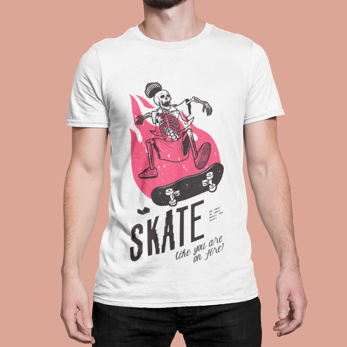 "Skeleton Skate" skateboarding t-shirt in white, man wearing it, funny gift for skateboarders