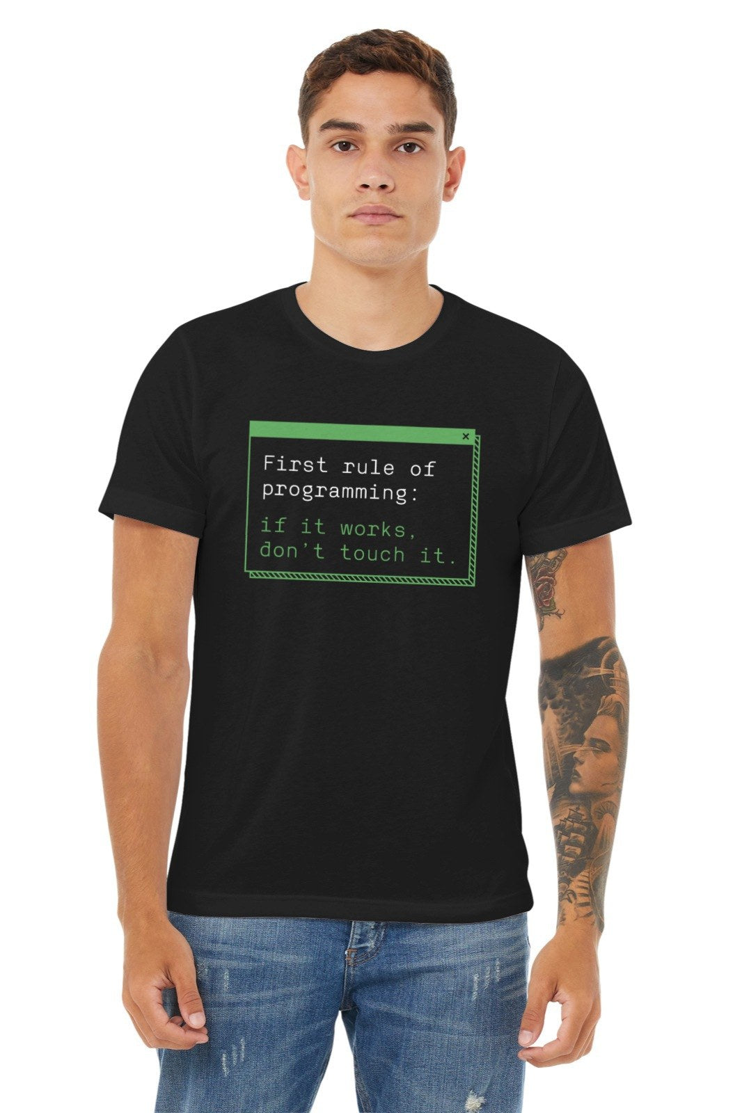 First Rule of Programming T-Shirt lifestyle mockup, Geekpsters