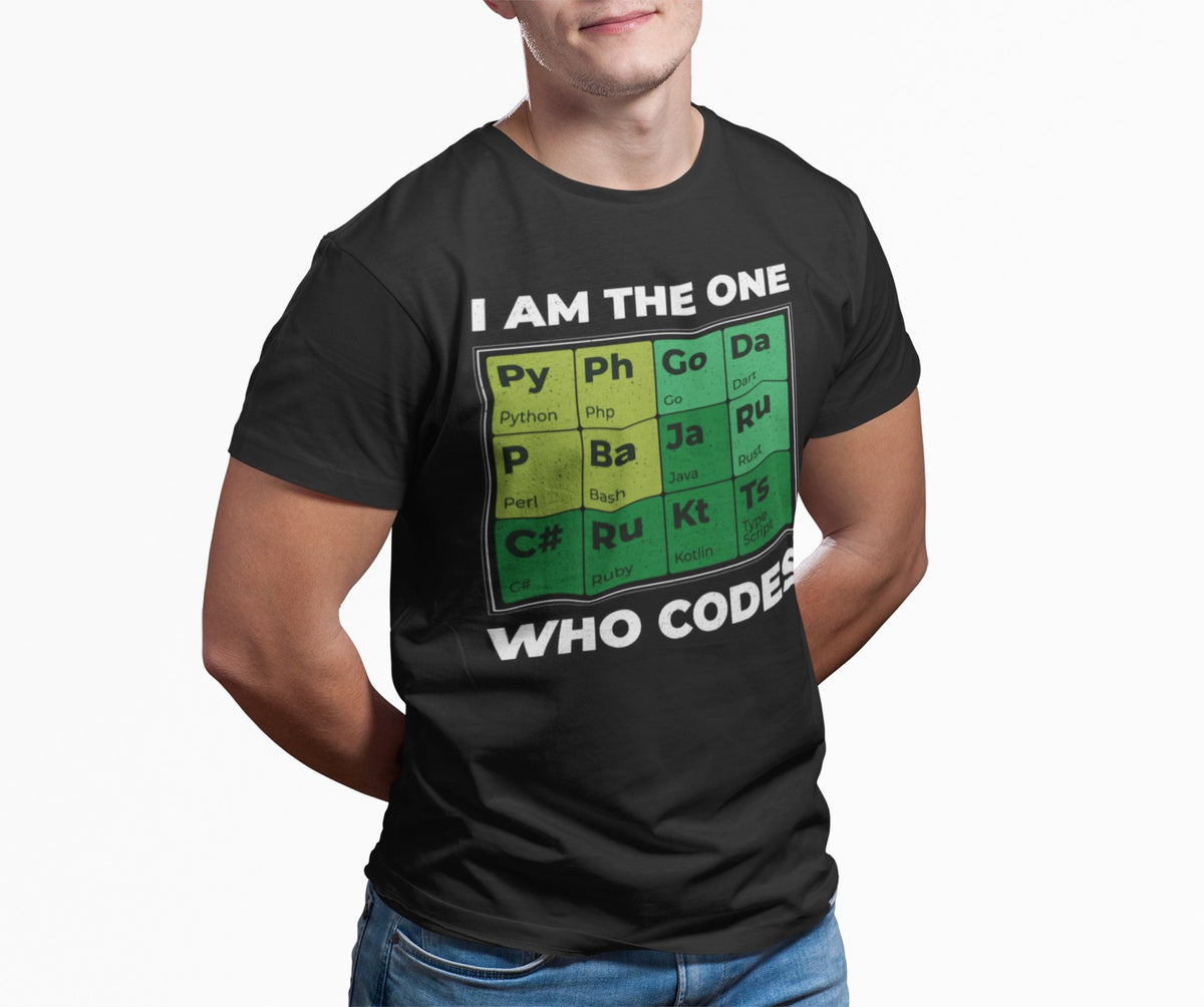 Model wearing I Am the One Who Codes black tee, periodic table developer graphic on front, Geekpsters