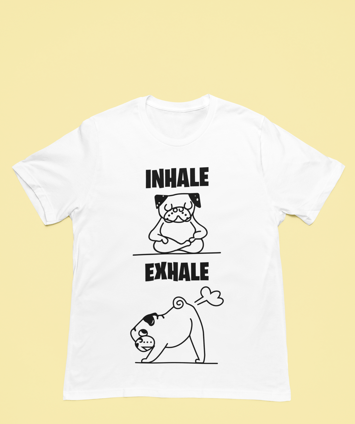 'Dog Funny' yoga pug T-shirt in white, hanging outdoors among greenery, funny meditation gift tee