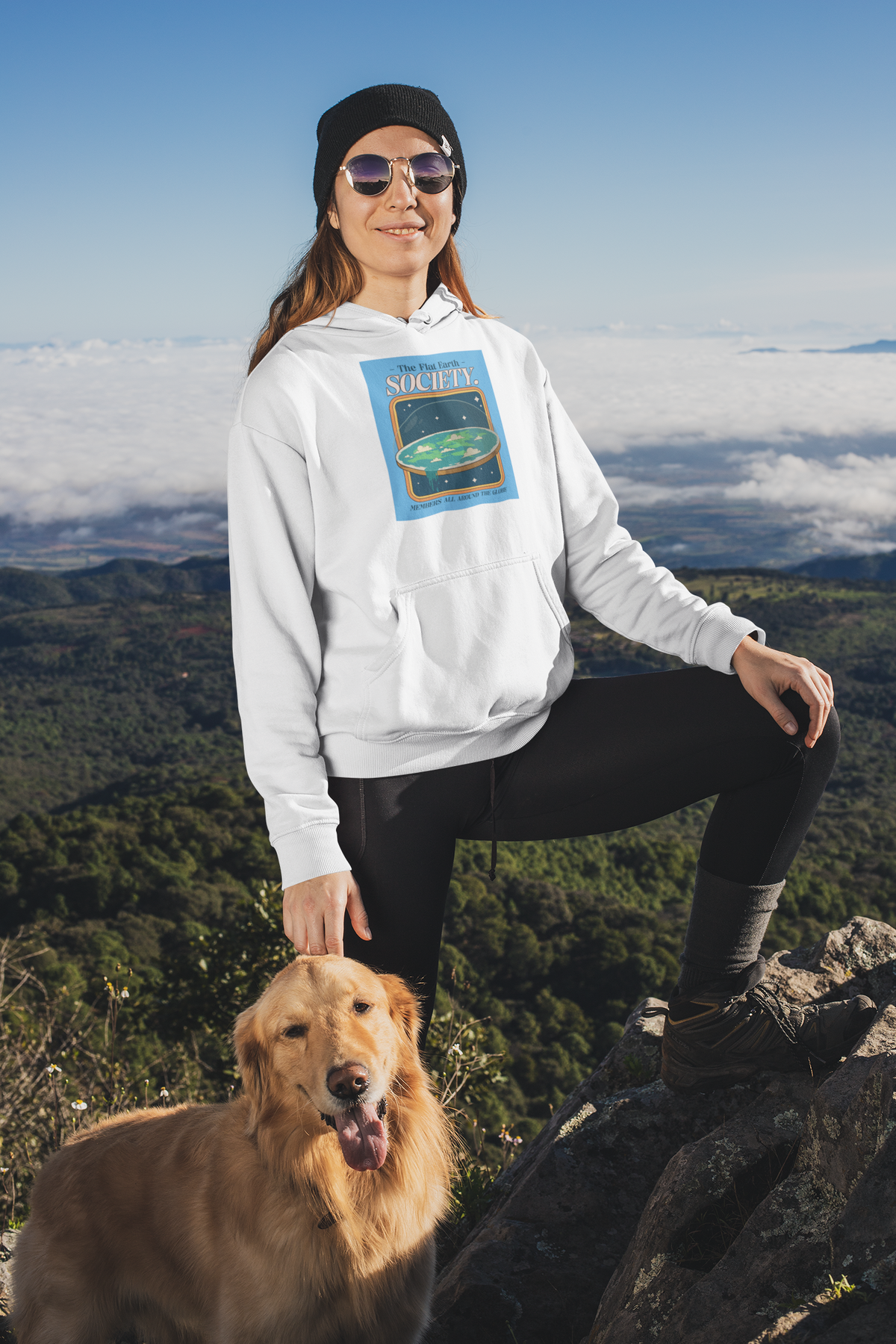'Flat Earth Society' funny retro badge hoodie in white, woman hiking mountain with dog, funny gift