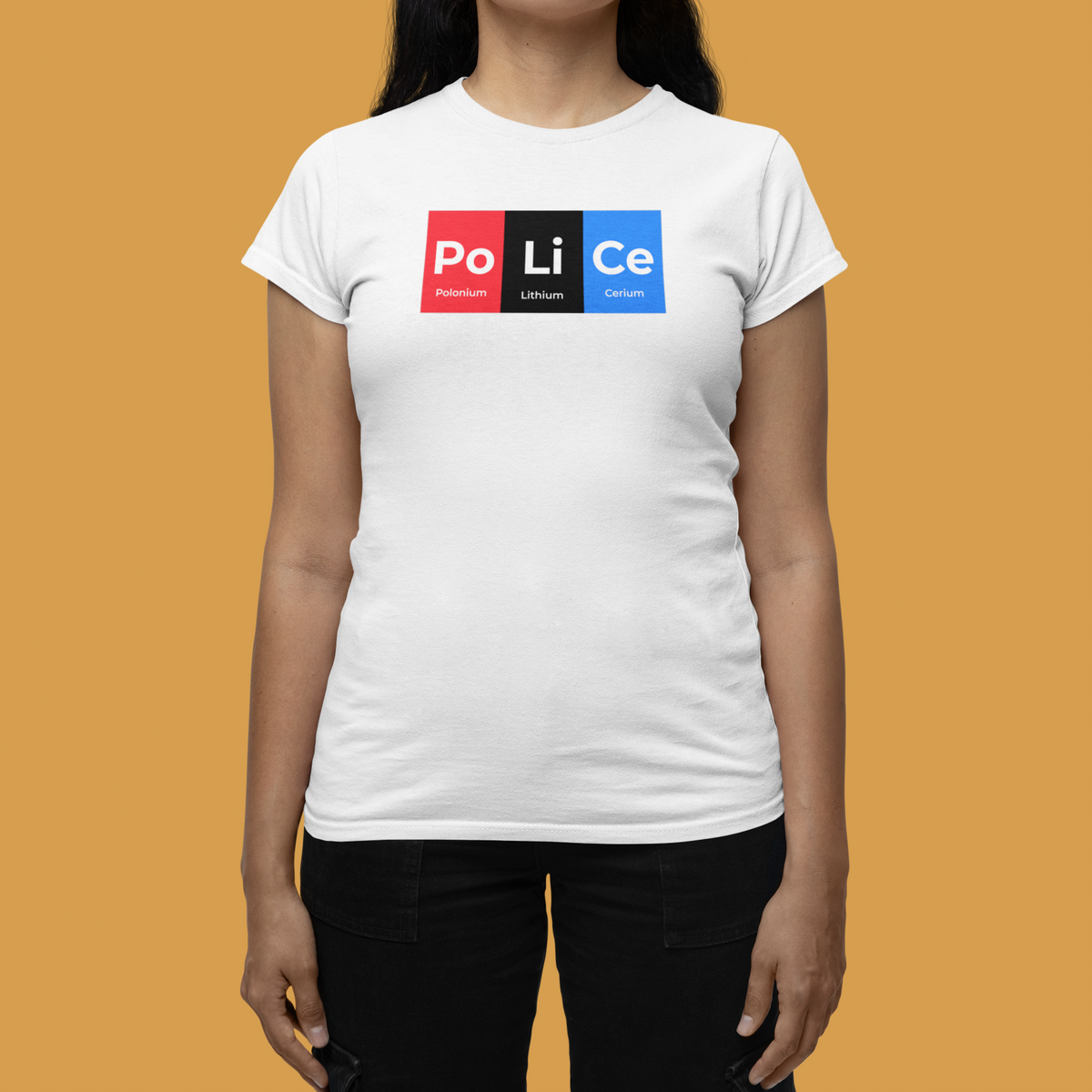 'Po-Li-Ce' periodic table women's tee in white, woman modeling it on orange background, funny science gift