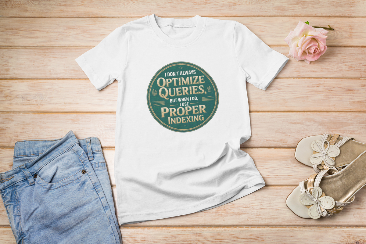 'I Don't Always Optimize Queries' t-shirt in white, flat lay on rustic wood with flower, funny developer gift