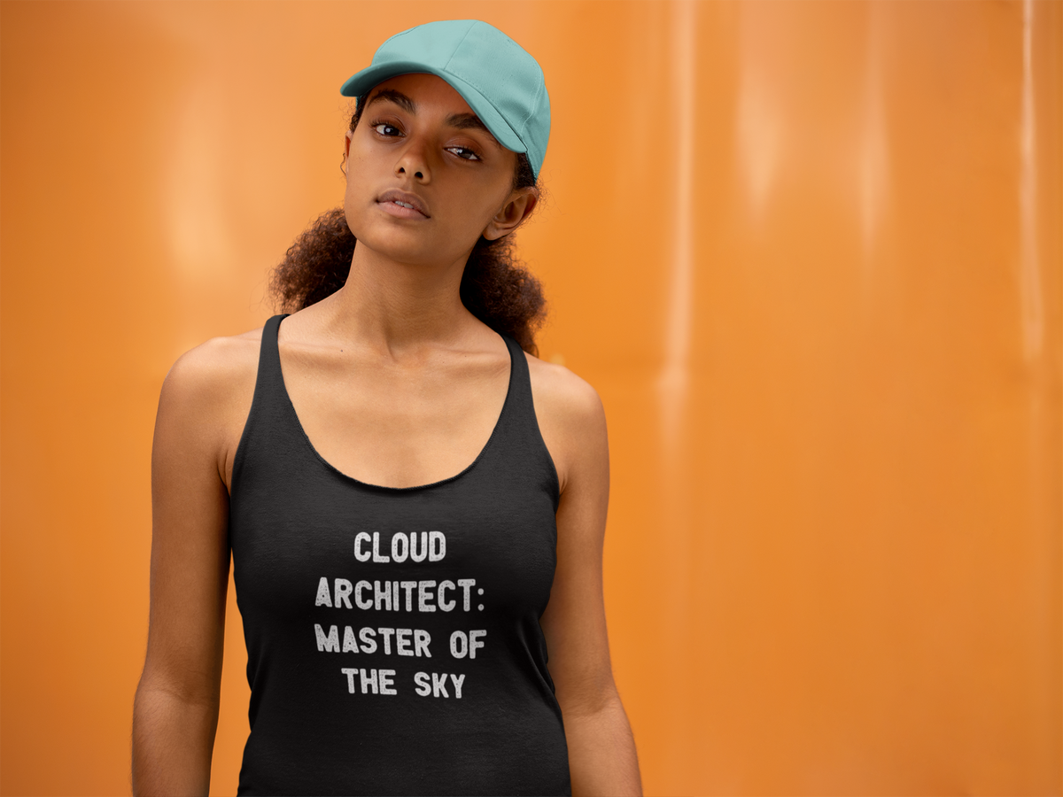 'Cloud Architect Women's Tank' in black, woman by an orange wall, Tank Top mockup, Geekpsters