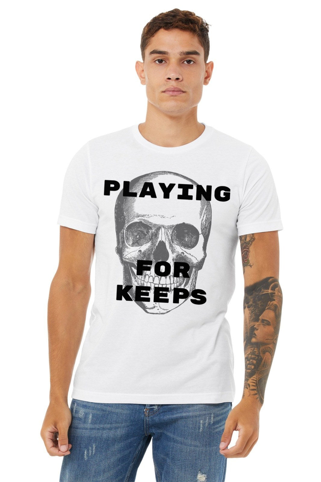 Playing For Keeps tee in white, young man wearing it, vintage skull graphic gift shirt