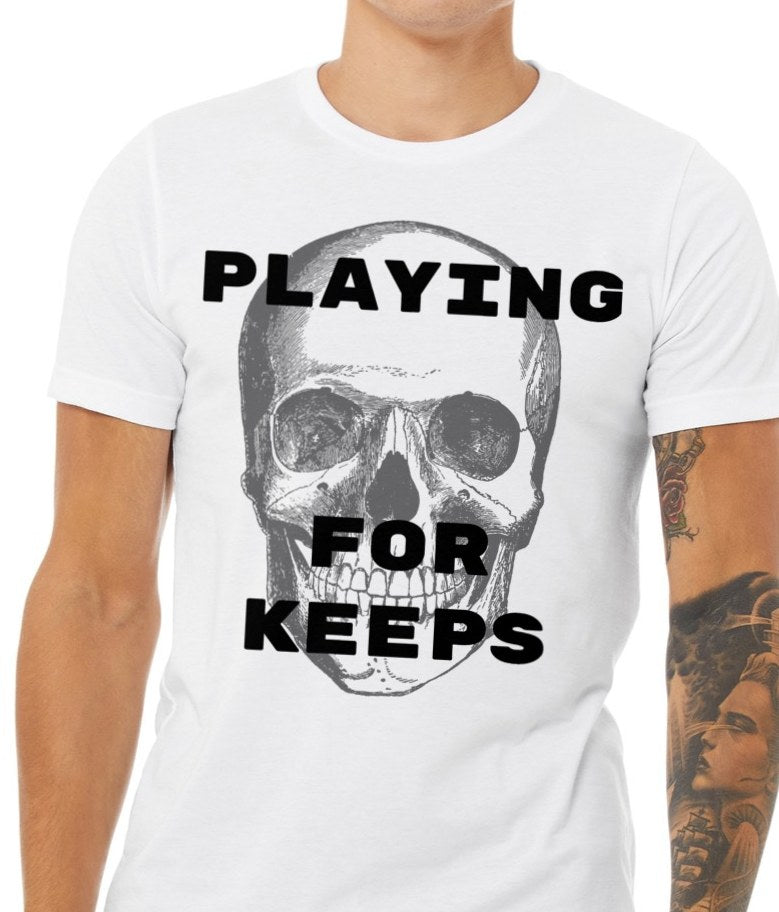 Playing For Keeps tee in white, close-up on the vintage skull print, gift for gamers