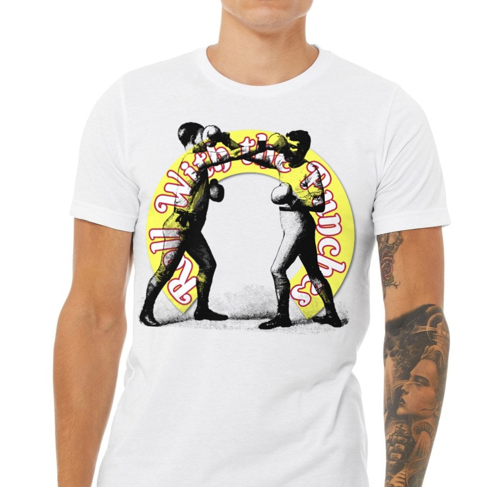 Roll With The Punch tee in white, man wearing it, two boxers in a yellow circle print