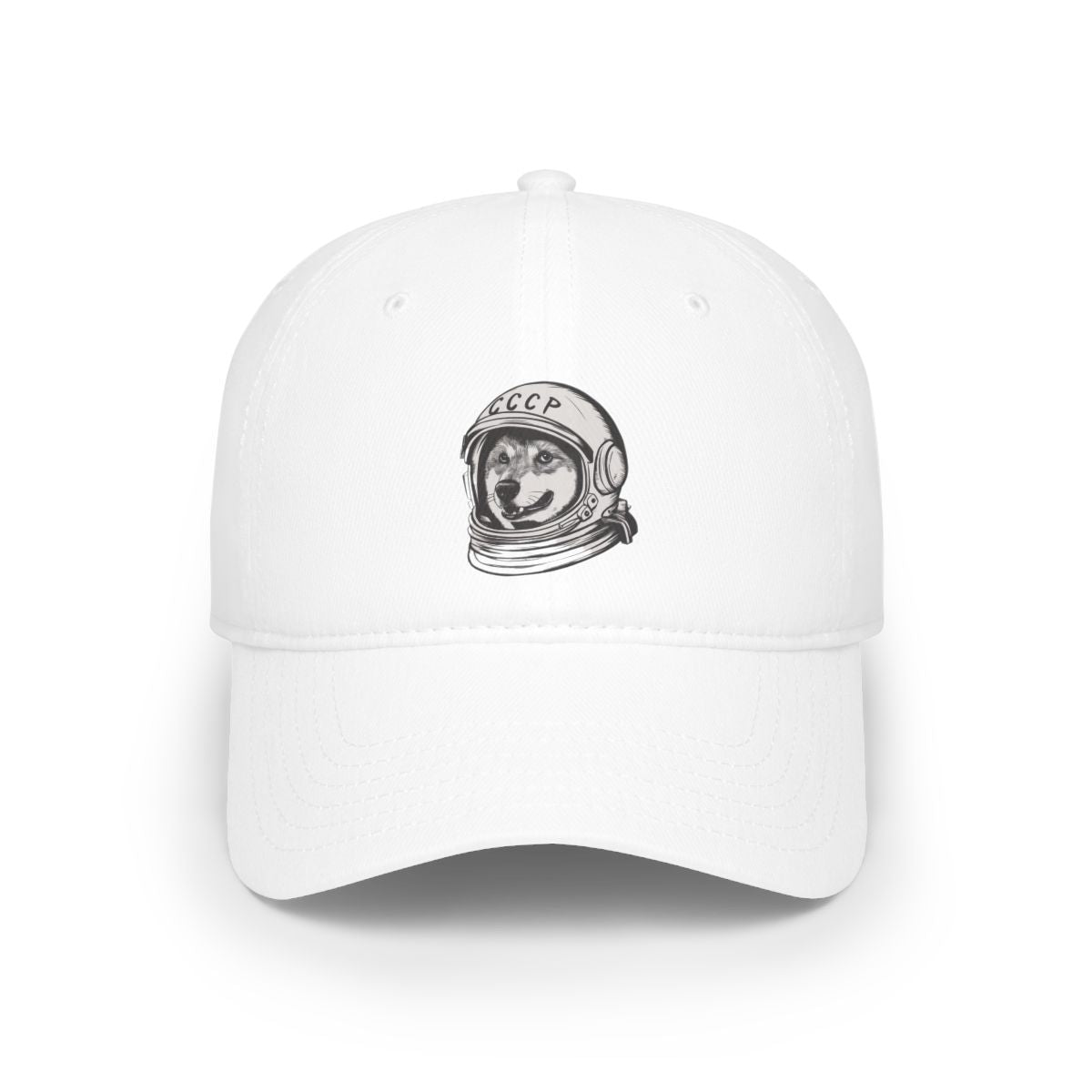 The CCCP Astronaut Dog - Hat is a white cotton baseball cap featuring an illustration of a CCCP Astronaut Dog in a space helmet, with the letters "CCCP" displayed on the helmet.