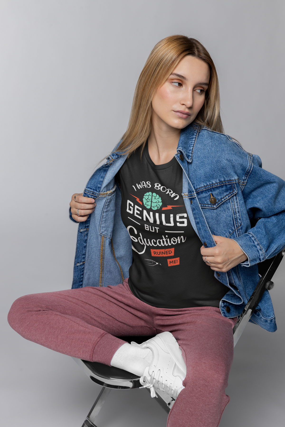 I Was Born Genius T print tee front view