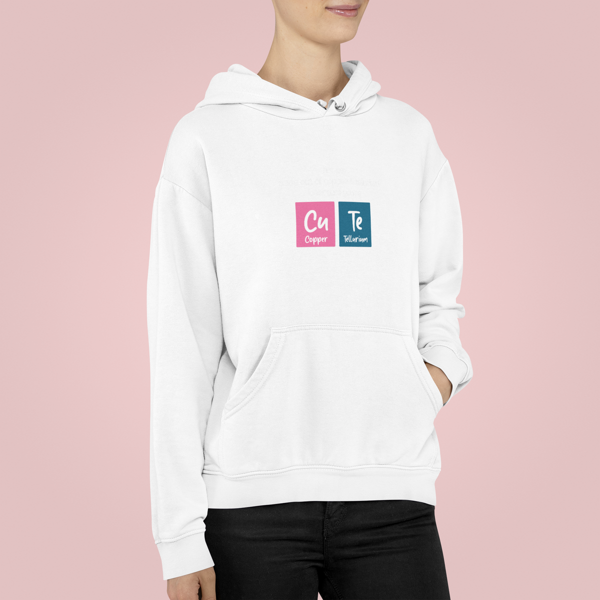 'Cute' hoodie in white, woman wearing it against pink backdrop, funny nerdy valentine gift