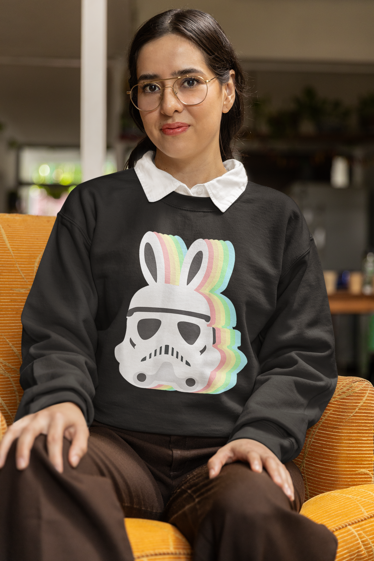 Star Wars Easter Stormtrooper Sweatshirt in black, woman sitting wearing it indoors, funny Easter gift