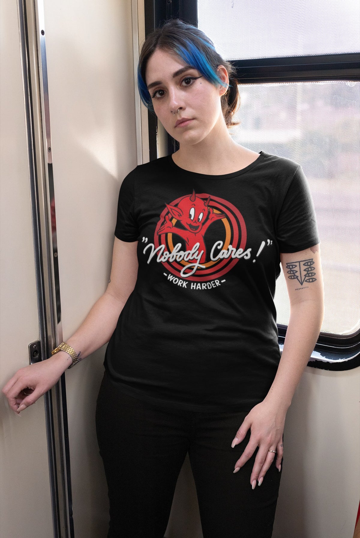 Nobody Cares - Women's Tee lifestyle mockup, Geekpsters