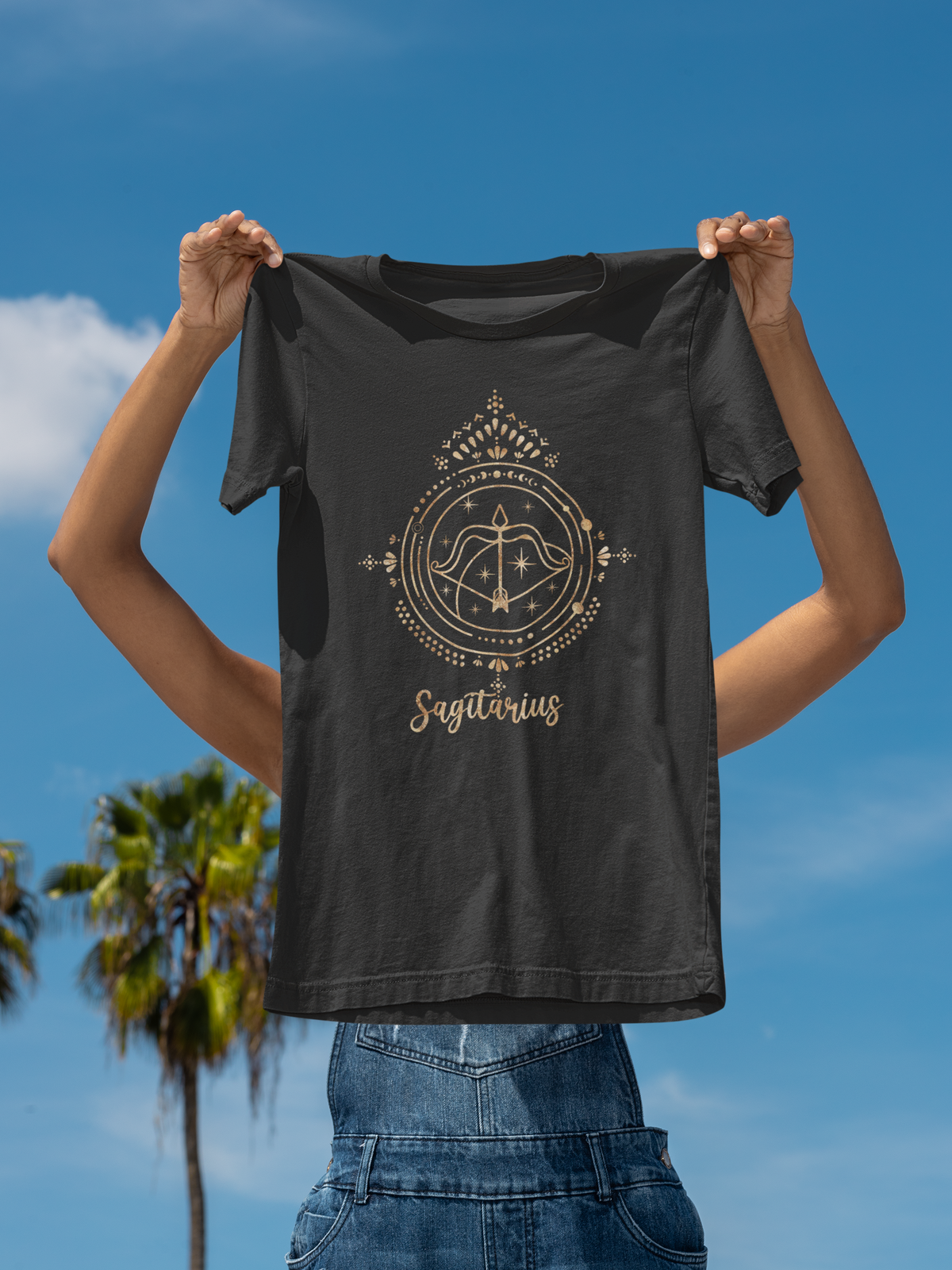 Sagittarius zodiac T-shirt in black, held up outdoors against a blue sky, zodiac gift shirt