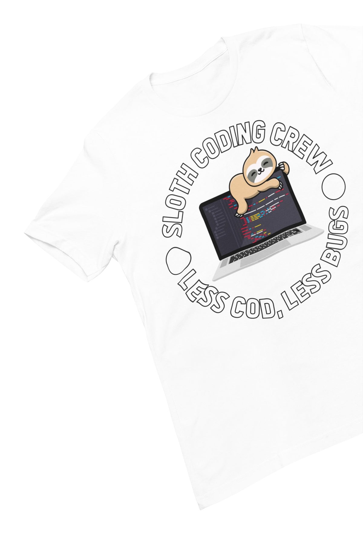 Sloth Coding Crew tee in white, flat lay front view of the sloth laptop print, developer gift
