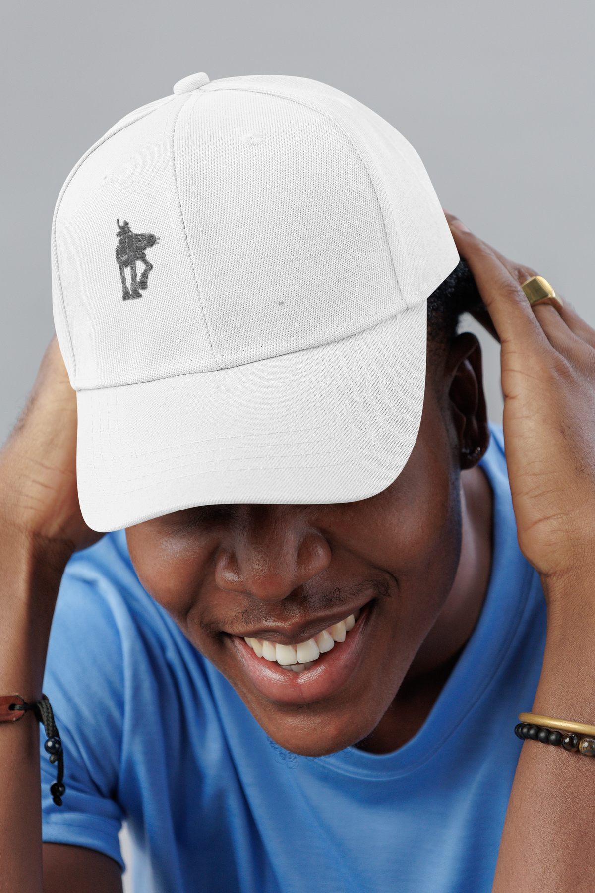 Riding AT-AT walker dad hat, smiling man in a studio, lifestyle mockup, Geekpsters