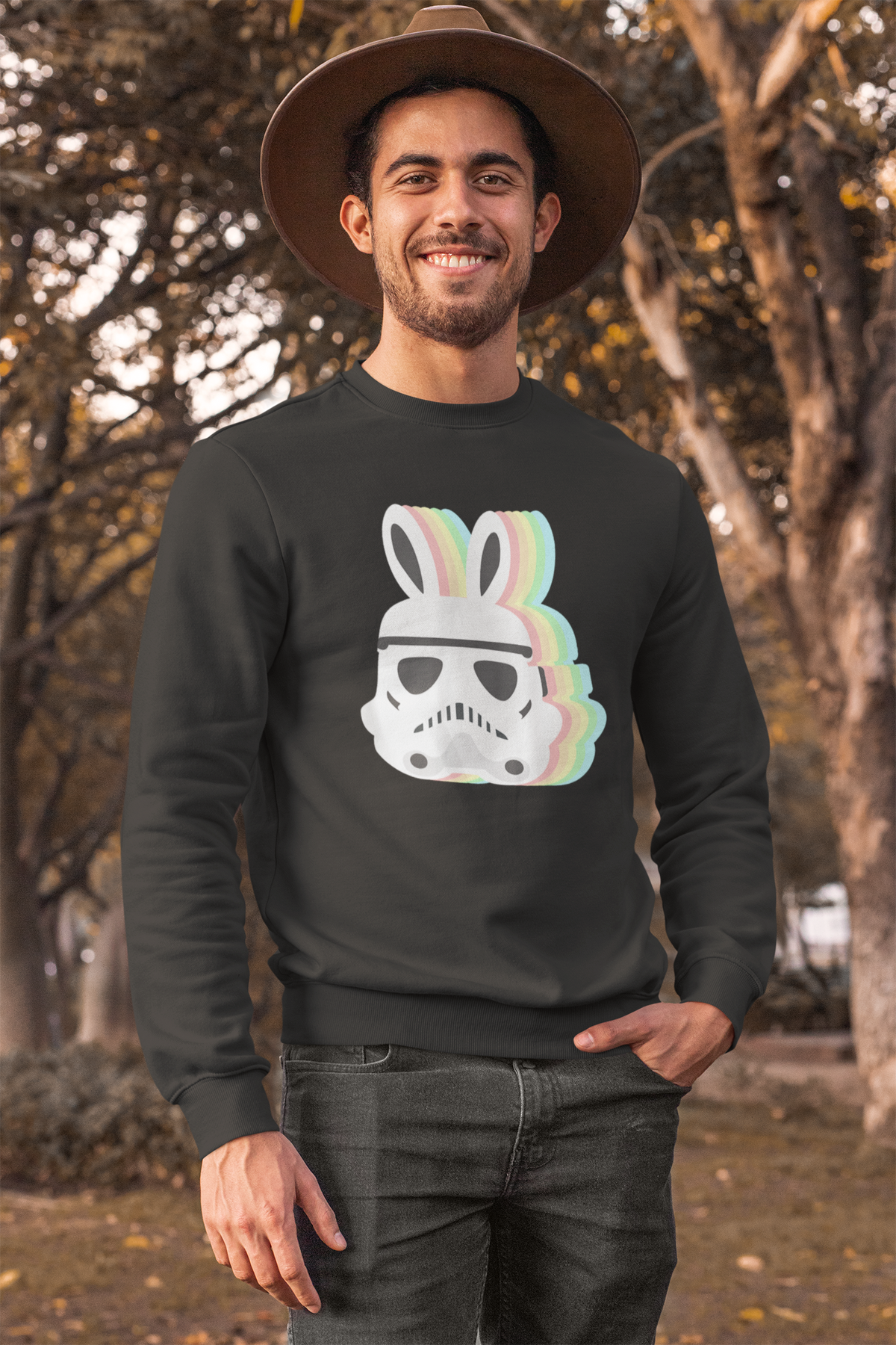Star Wars Easter Stormtrooper Sweatshirt in charcoal heather, man outdoors, funny Easter gift for him