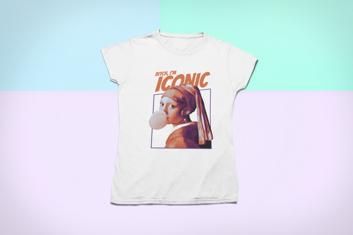 'Bitch, I'm Iconic' t-shirt in white, flat lay on a pastel gradient background, funny sassy gift for her