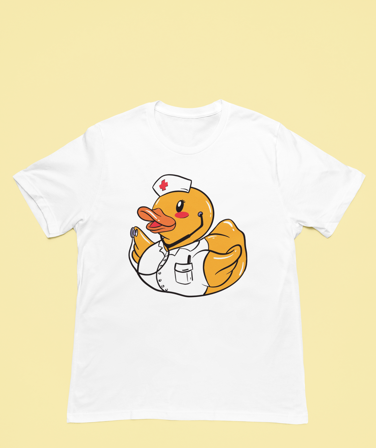 Nurse duck t-shirt in white, flat lay on a yellow background, funny gift for nursing students