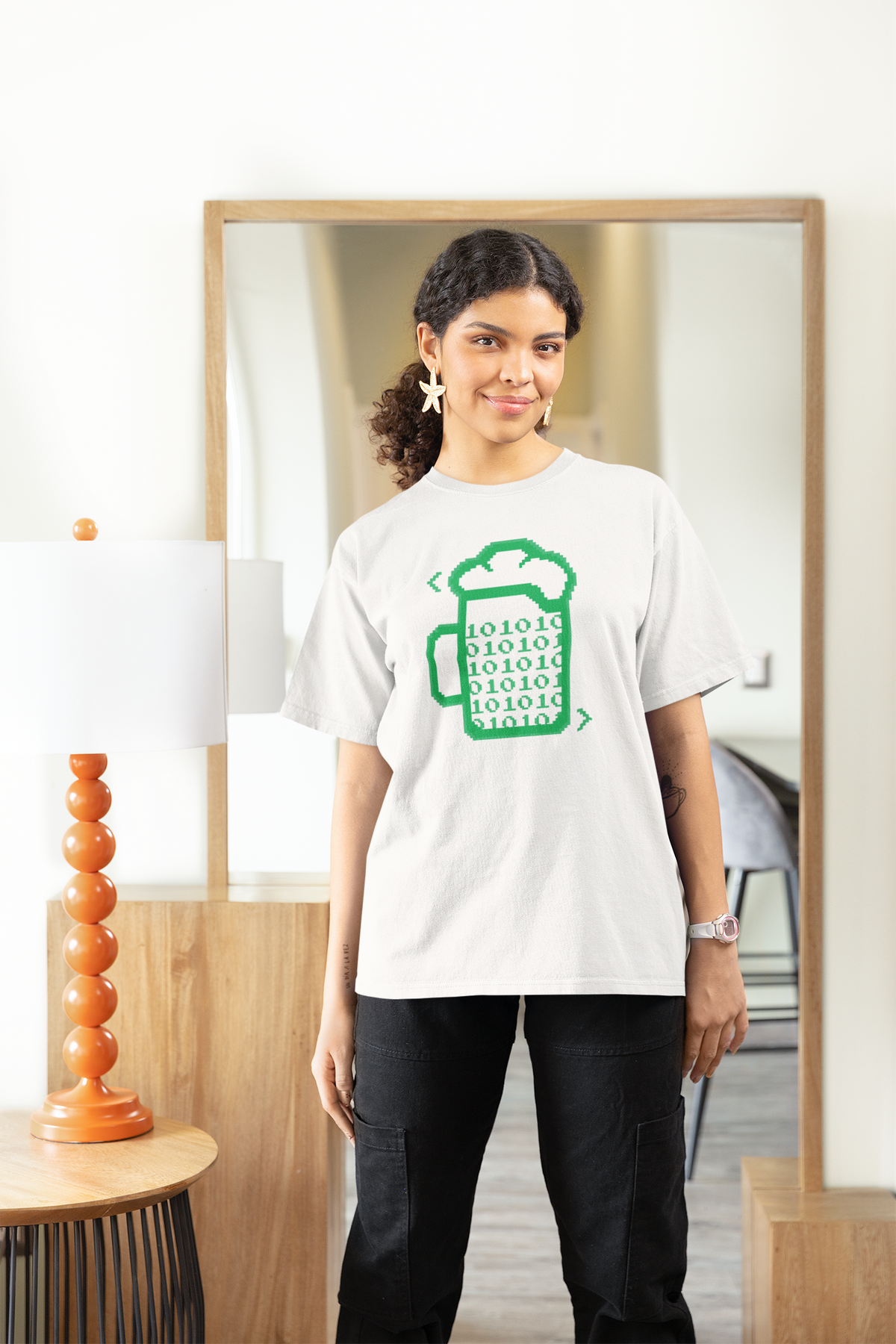 Beer Code binary mug tee in white, woman wearing it at home, geek gift for women