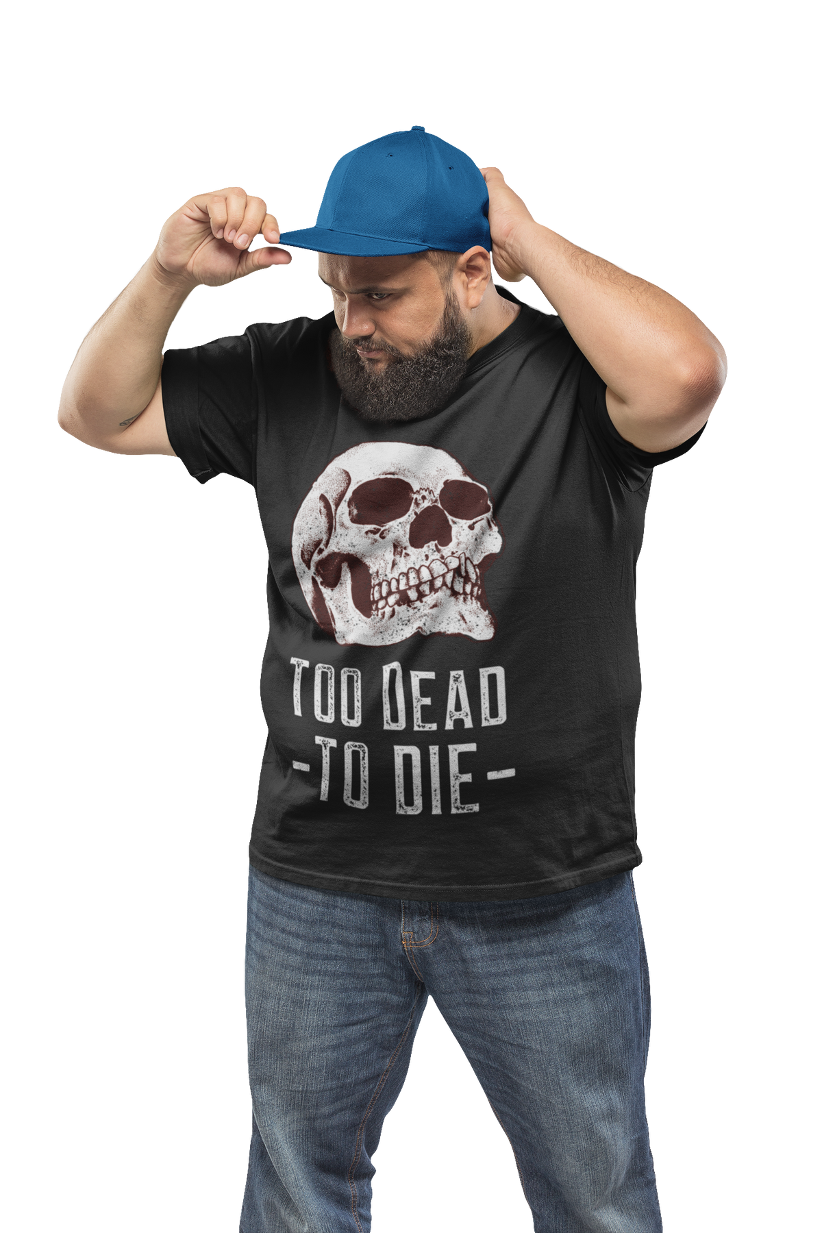 'Too Dead To Die' skull t-shirt in black, man wearing it on black background, funny edgy gift