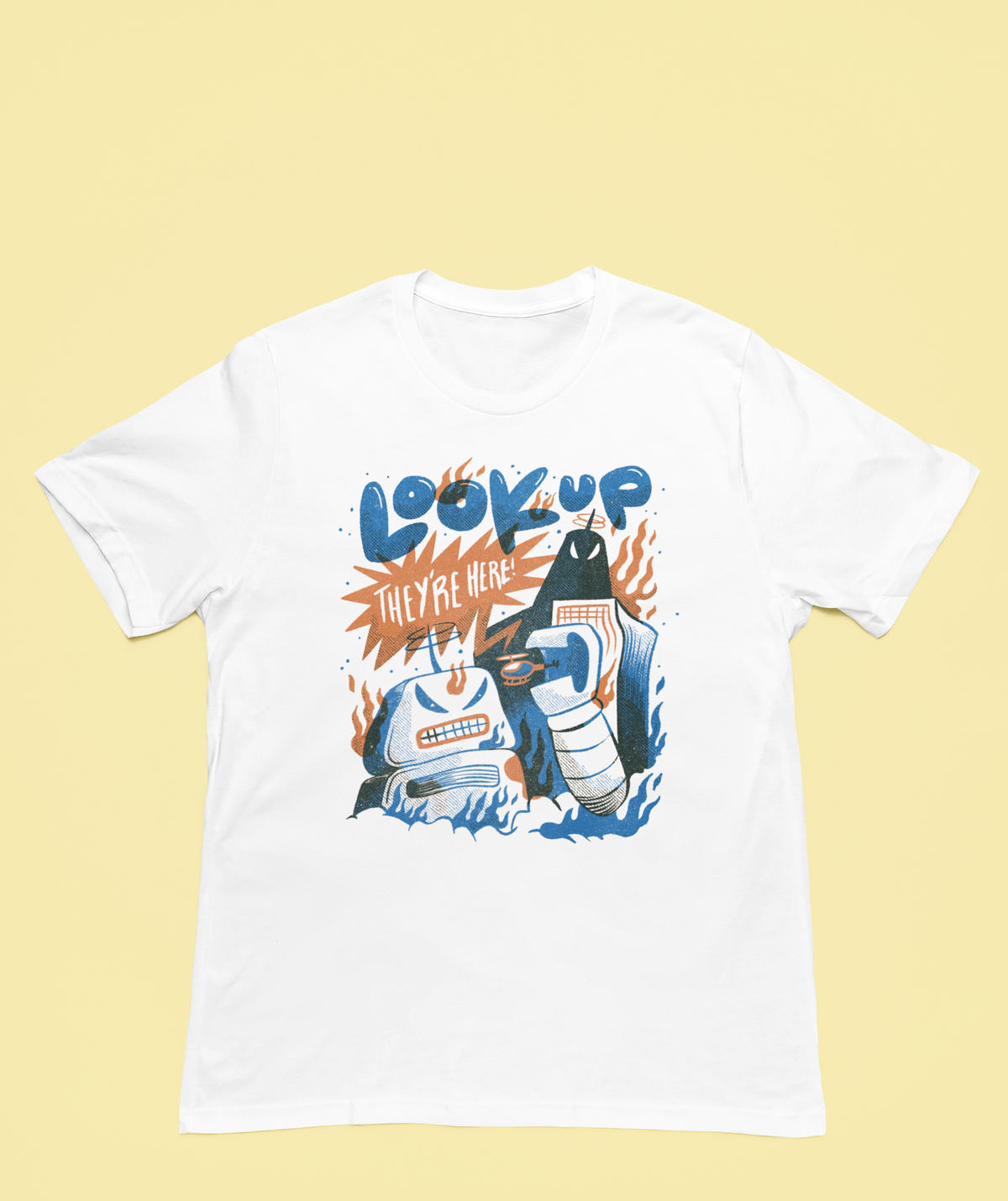 Look Up The Robots Are Here t-shirt in white, flat lay front view on yellow background