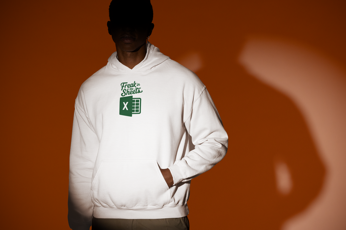 'Freak In The Sheets Hoodie' in white, man under a spotlight, Hoodie mockup, Geekpsters
