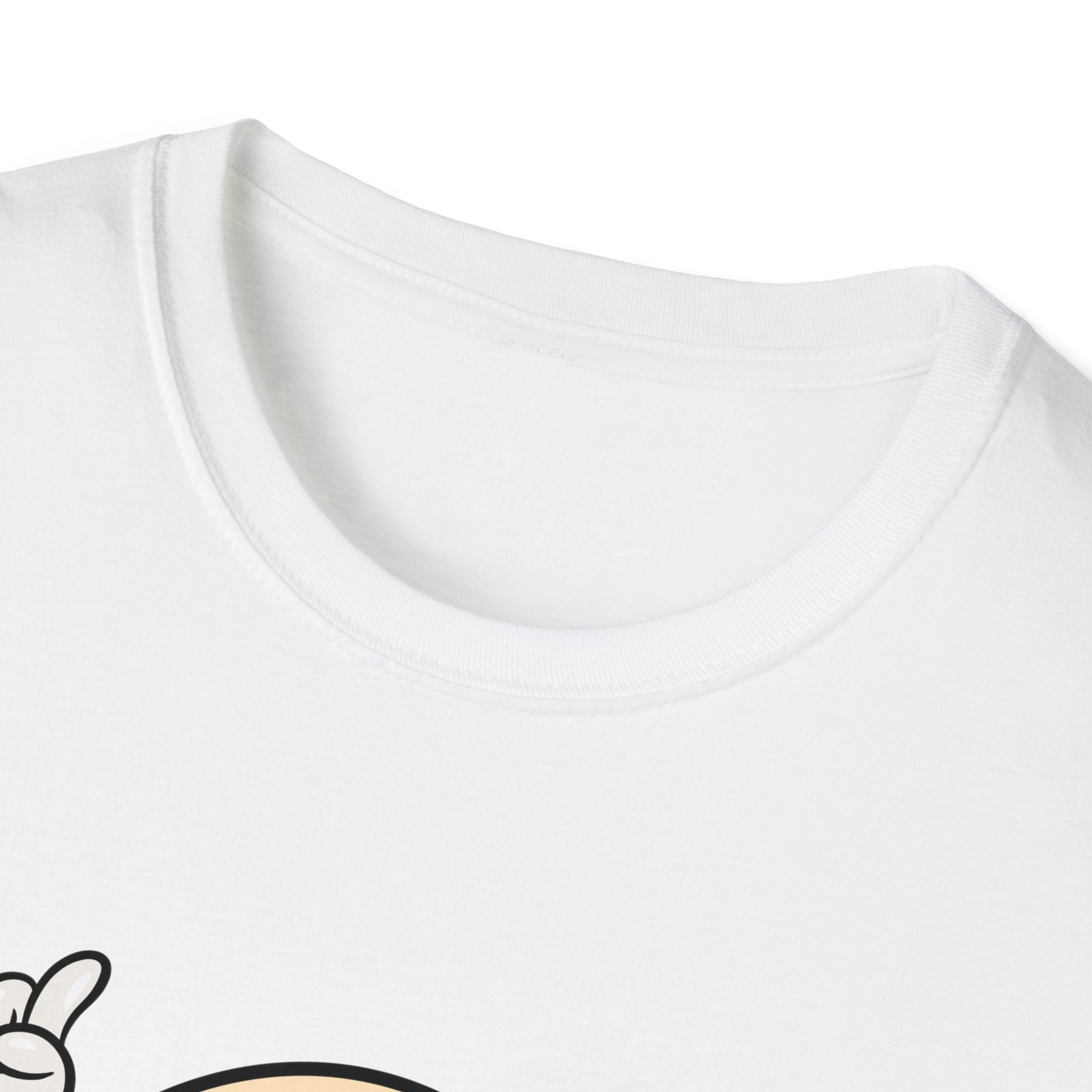 Close-up of the top portion of a white t-shirt from the Burger Cartoon collection, showcasing a round neckline and a partial graphic of a cartoon character's hand and head.