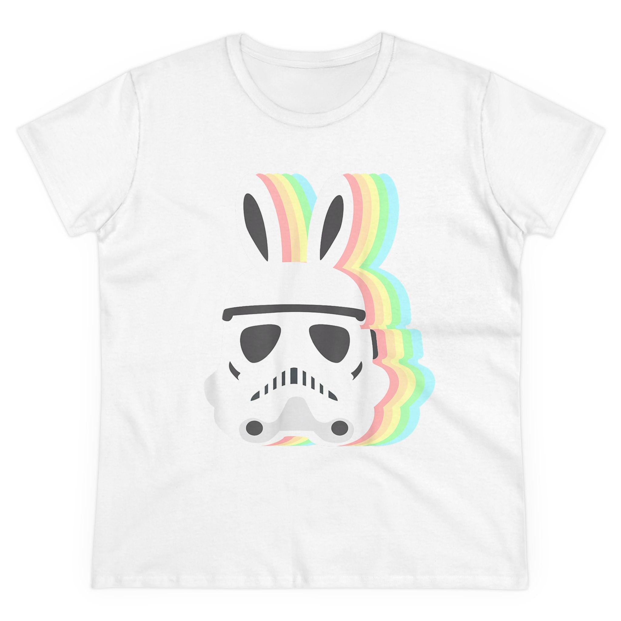 The Star Wars Easter Stormtrooper - Women's Tee is a white T-shirt featuring a graphic of a stormtrooper helmet with colorful rainbow bunny ears, perfect for fans seeking comfort and style.