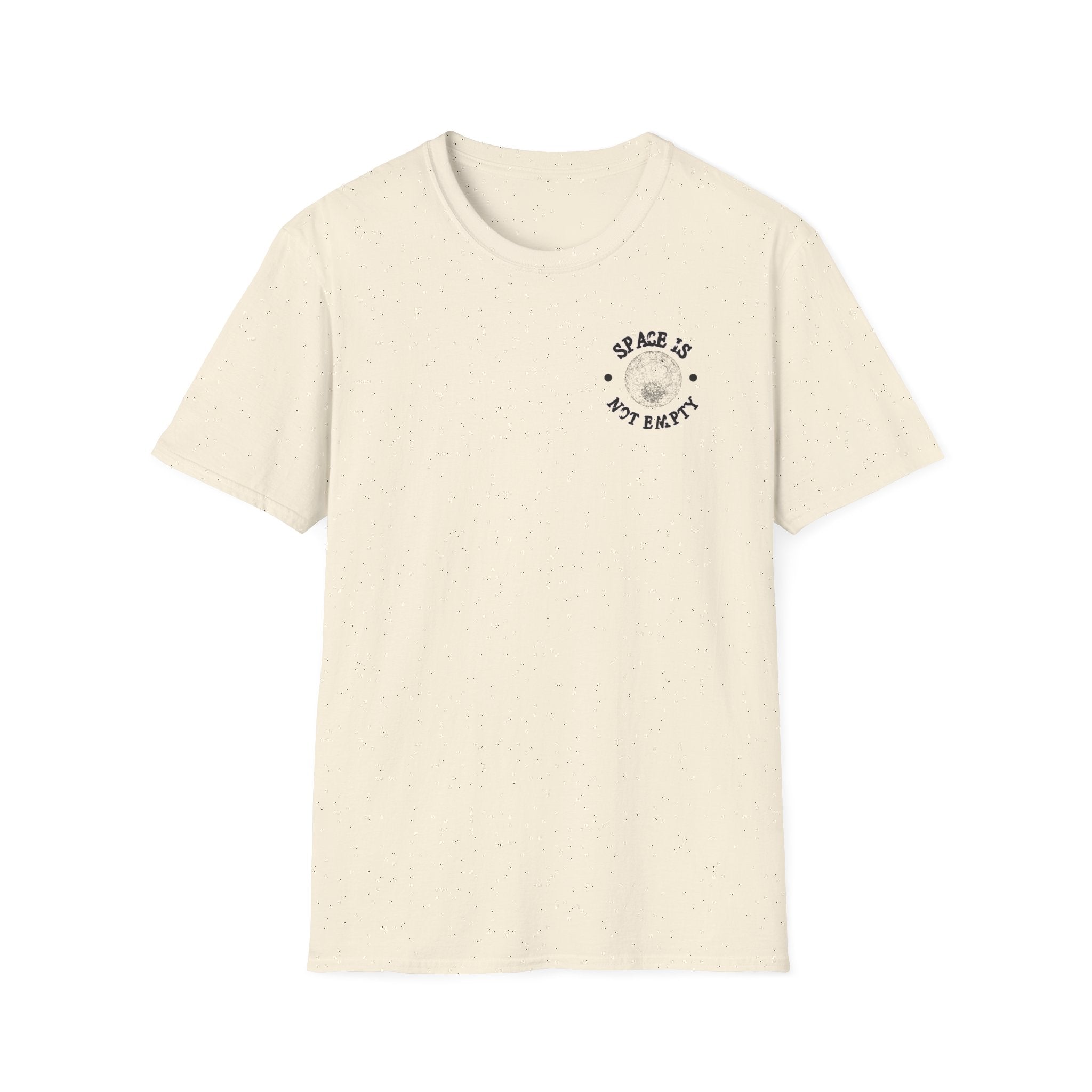 Beige T-shirt featuring a planet graphic and small black text on the chest that reads "Space is not empty," celebrating the spirit of space exploration reminiscent of the Saturn / Apollo Vehicle missions.