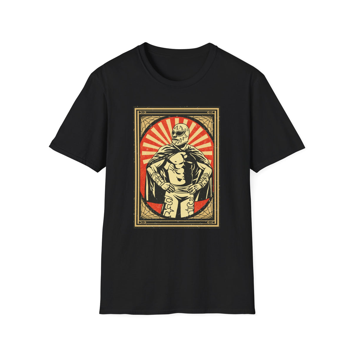 'Mexican Wrestler' retro poster t-shirt in black, flat lay front print visible, funny lucha libre gift