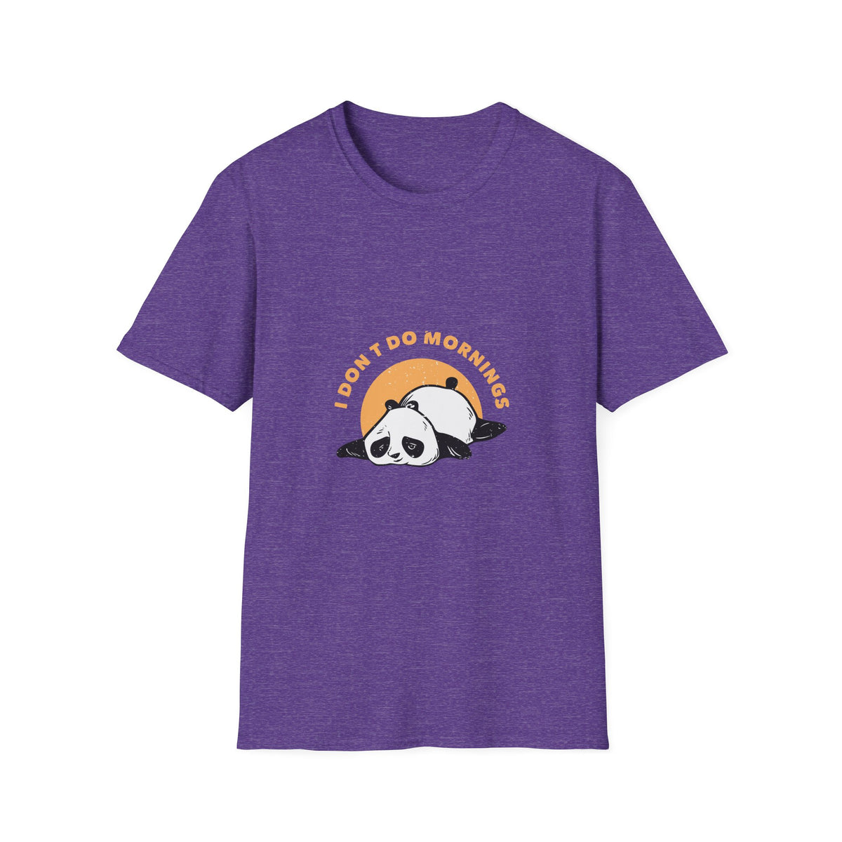 'I Don't Do Mornings' sleepy panda t-shirt in heather purple, funny sunrise graphic tee