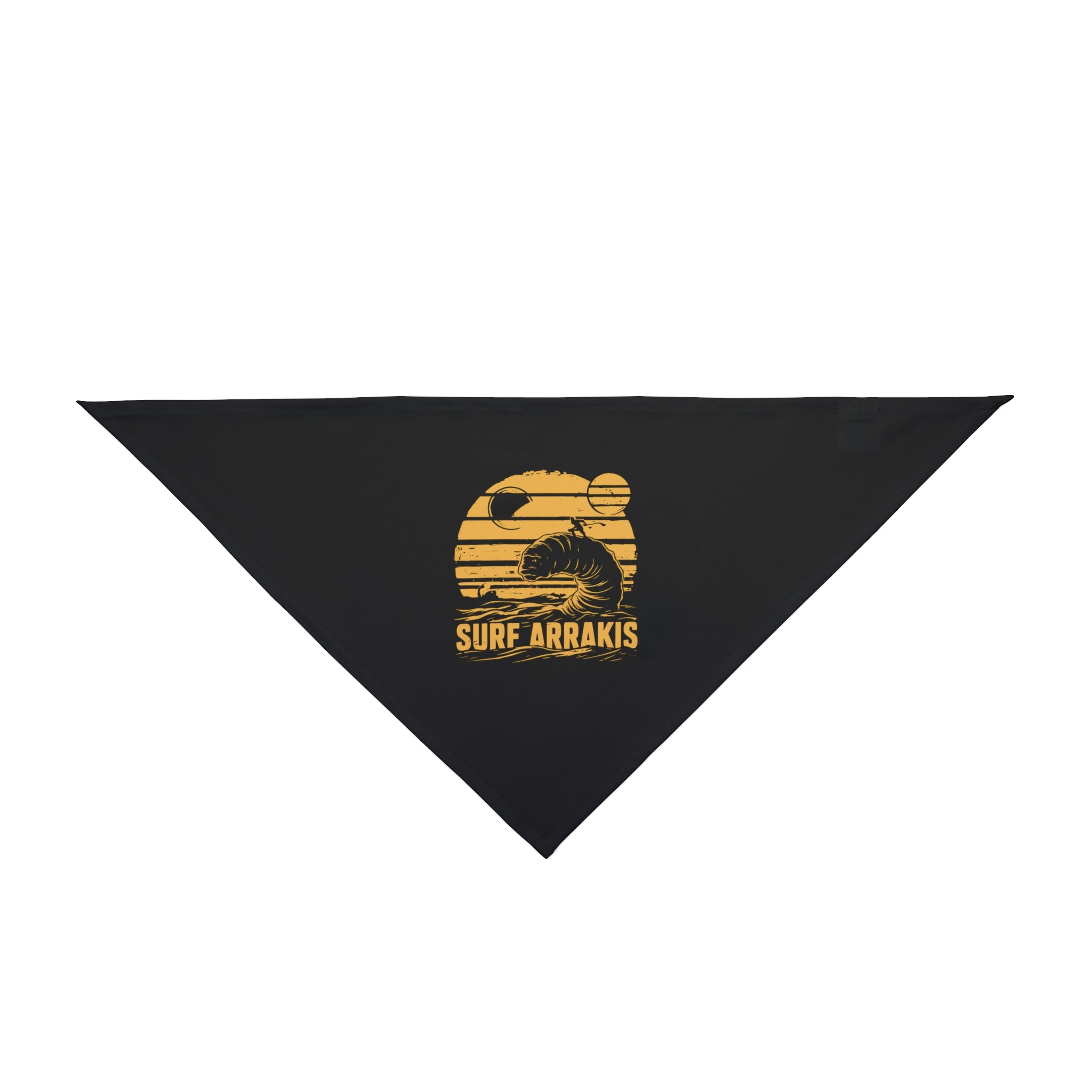 Introducing the Surf Arrakis - Pet Bandana: a black triangular cloth with a yellow graphic design of a surfer in desert-like conditions. Made from soft-spun polyester, this stylish bandana ensures both flair and pet comfort.