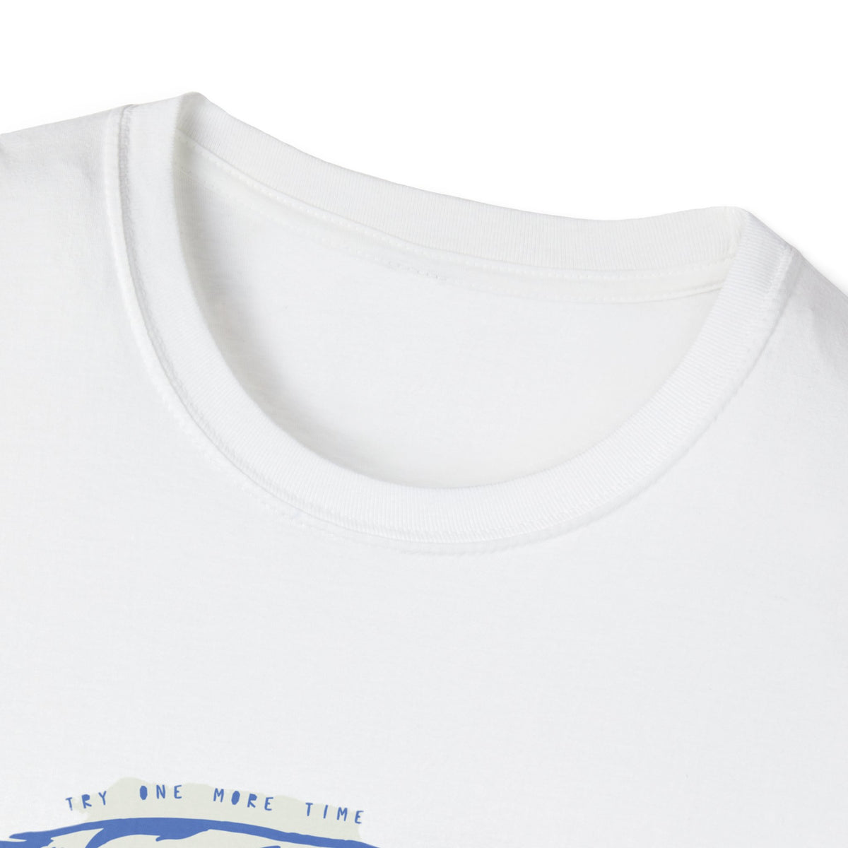"Try One More Time" hem text on white skater t-shirt, close-up of bottom print, funny skateboarder gift