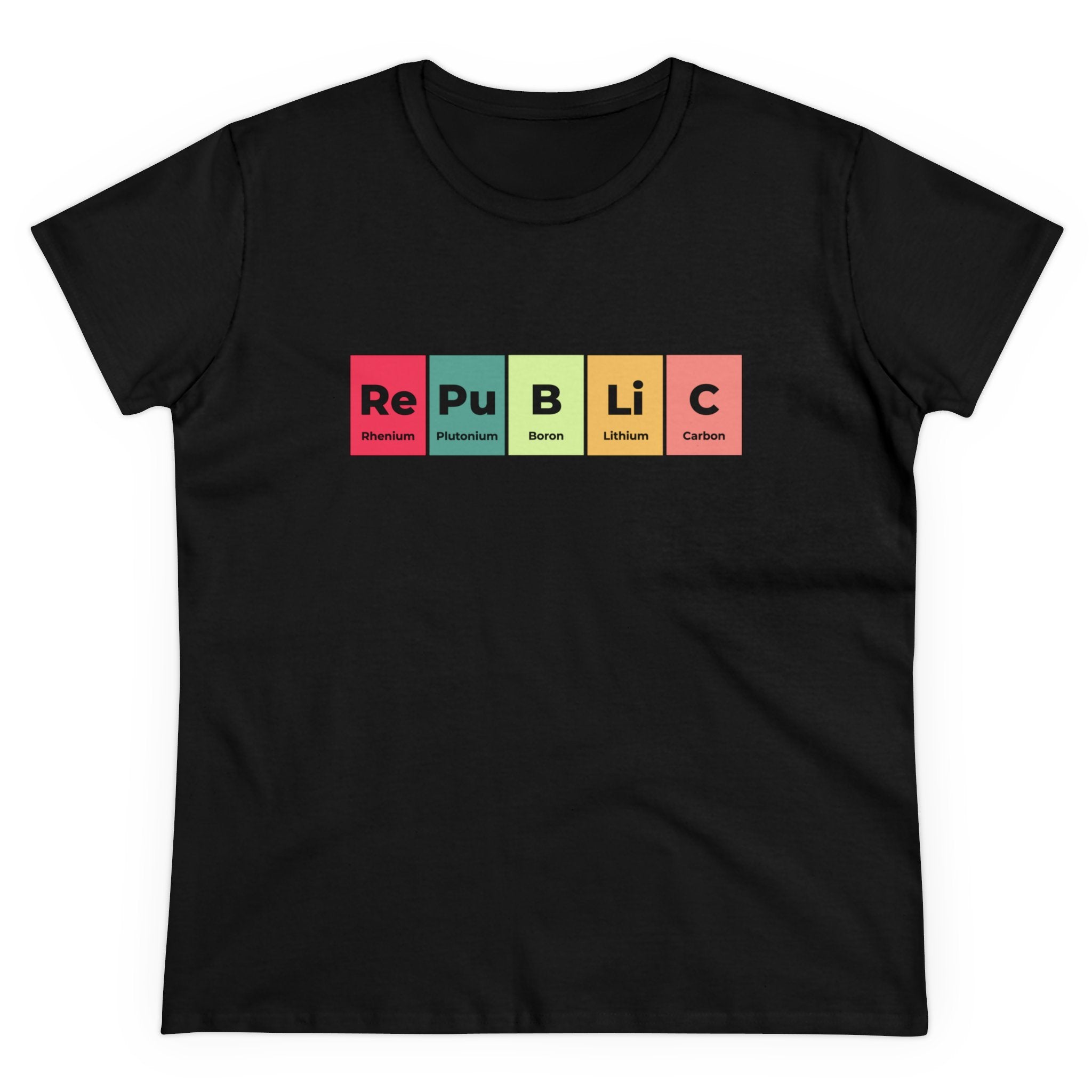 Fashionable black Republic - Women's Tee displaying the word "Republic" using periodic table element symbols in various colors, made from ethically grown US cotton.
