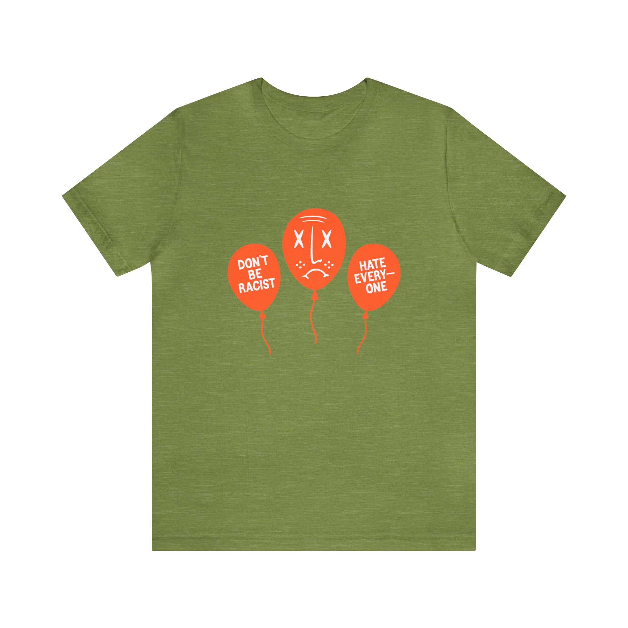 A bold green Don't Be T-Shirt with balloons on it.