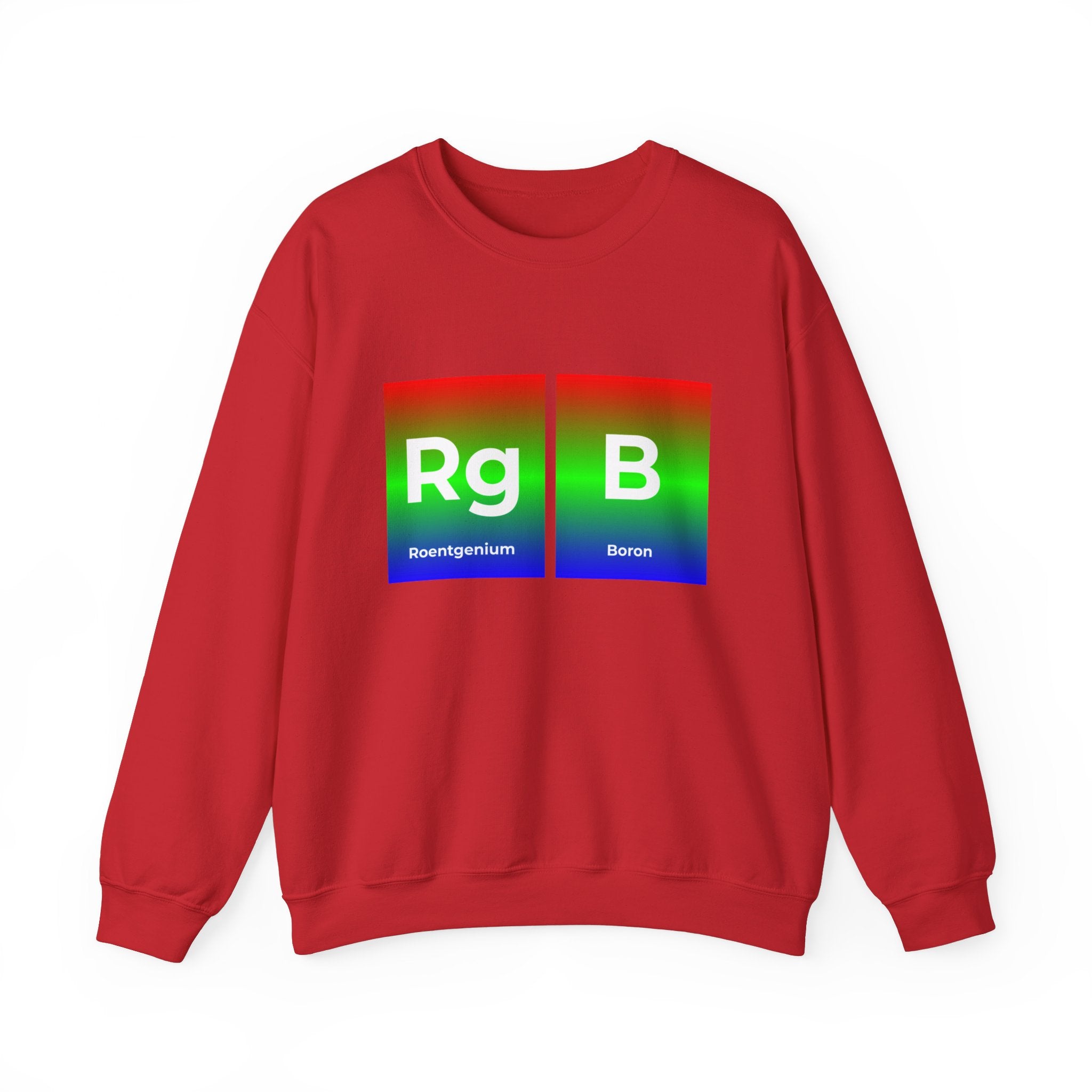 A cozy RG-B - Sweatshirt featuring two pixelated periodic table elements, "Rg" for Roentgenium and "B" for Boron, with a gradient background of red, green, and blue.