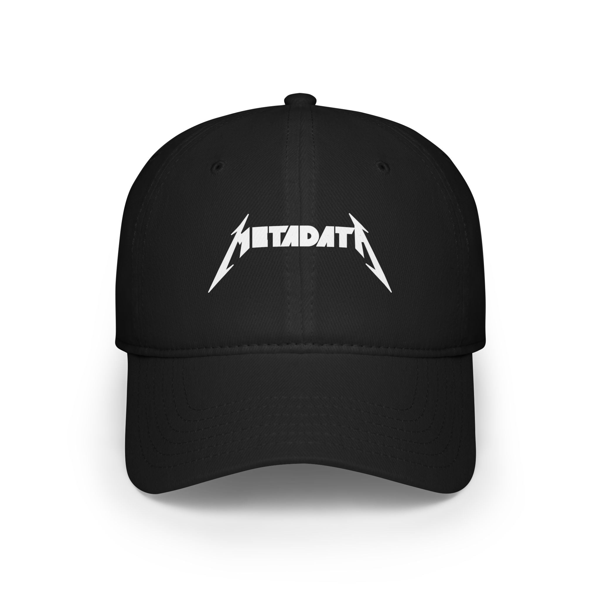 The Metadata Hat is a black baseball cap featuring the word "METADATA" in a sharp, angular font that evokes the style of a classic rock band's logo. It is made from silky fabric and includes reinforced stitching for added durability.