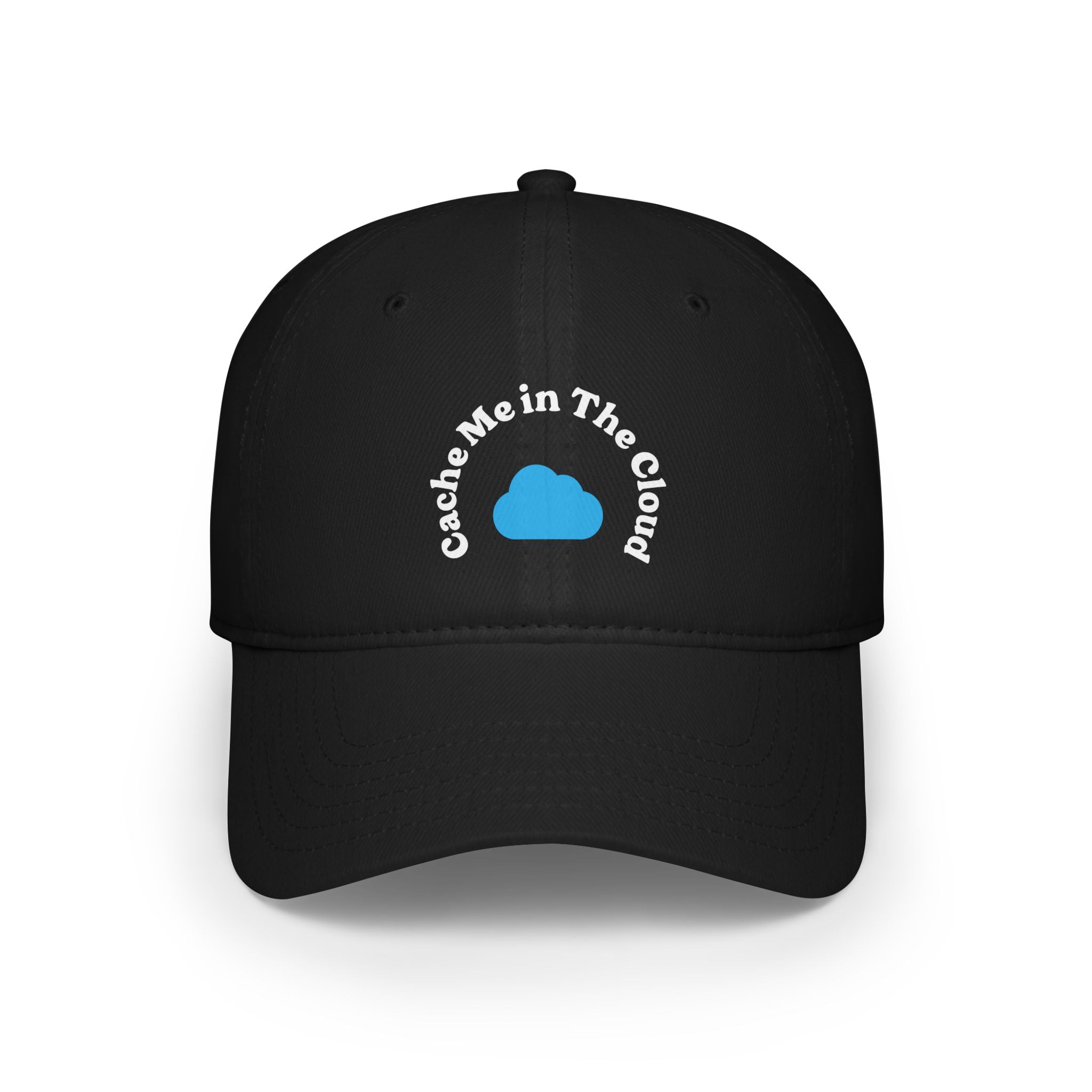 The Cache Me in The Cloud - Hat is a black cap made from spun fibers, showcasing an embroidered blue cloud graphic and the phrase "Cache Me in The Cloud" on the front.