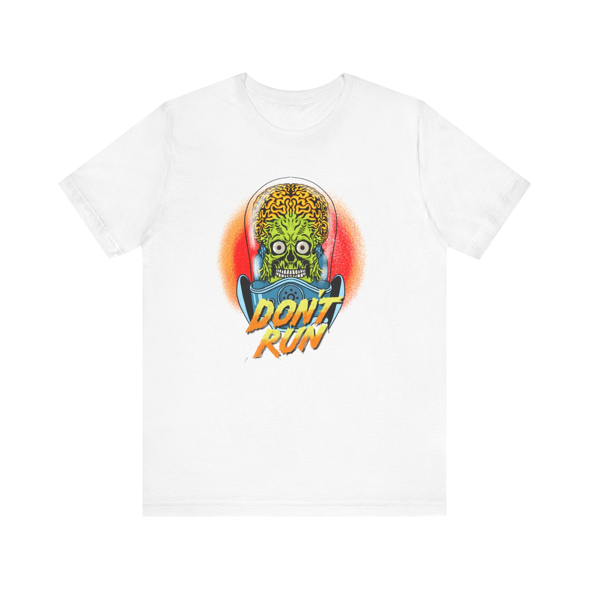 A white unisex Don't Run T-Shirt with a graphic design featuring a green skull with exposed brain and headphones, against an orange background, with the text "don't run" in blue.