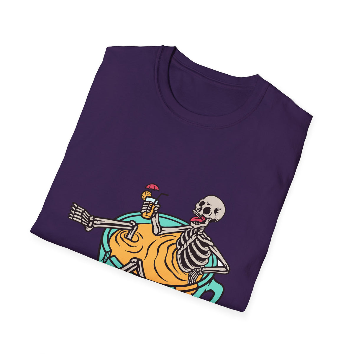 'Relaxing Skull' skeletons in a teacup print folded on deep purple t-shirt, funny gift idea